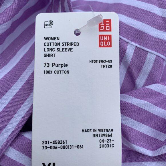 NWT UNIQLO Women's size XL Lavendar/White Striped Long Sleeve Button Down Shirt - Picture 11 of 12